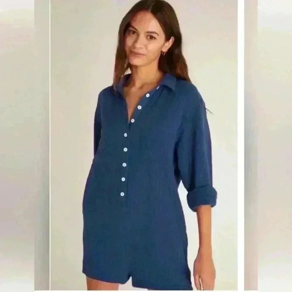 Z Supply Navy Blue Button-Front Romper